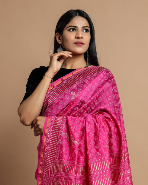 Persian Pink Hand Block Print Chanderi Silk Saree (CHSAR09)